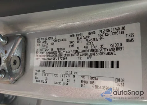 2015 Ford Escape Se z USA, uszkodzony, nr VIN 1FMCU9GX0FUB77167